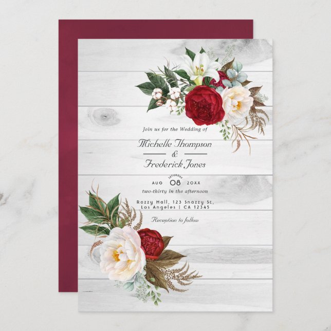 Boho Burgundy Floral QR Code RSVP Bohemian Wedding Invitation (Front/Back)