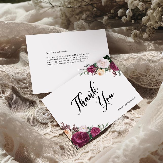 Boho Burgundy Floral Script Wedding Thank You Card (Creator Uploaded)