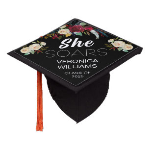 Boho Burgundy Floral She SOARS Class of 2025 Graduation Cap Topper
