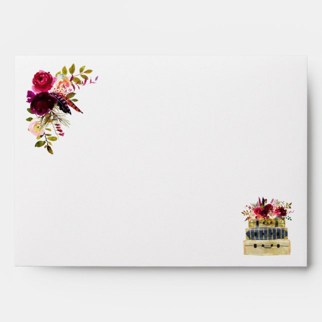 Boho Burgundy floral travel suitcase Envelope (Front)