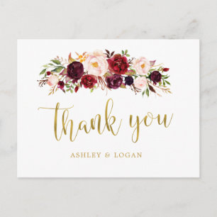 Boho Burgundy Floral Wedding Thank You Postcard