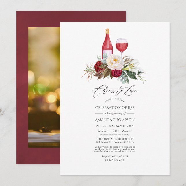 Boho Burgundy Floral Wine Celebration of Life Invitation (Front/Back)
