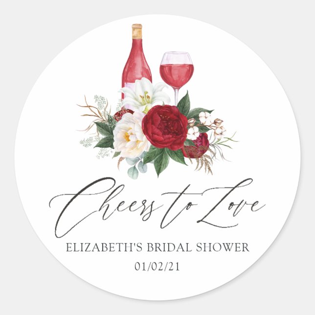 Boho Burgundy Floral Wine Tasting Bridal Shower Classic Round Sticker (Front)