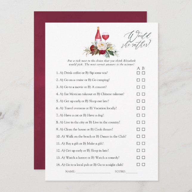 Boho Burgundy Floral Wine Tasting Bridal Shower Invitation (Front/Back)