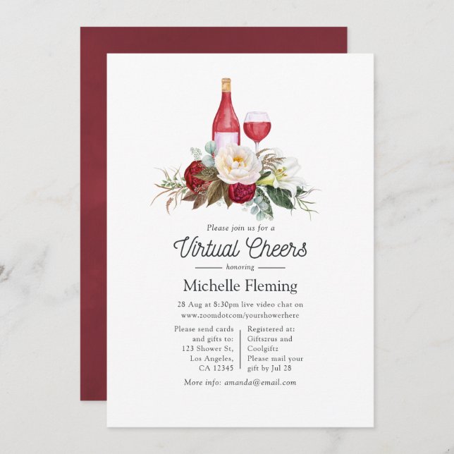 Boho Burgundy Floral Wine Tasting Virtual Shower Invitation (Front/Back)