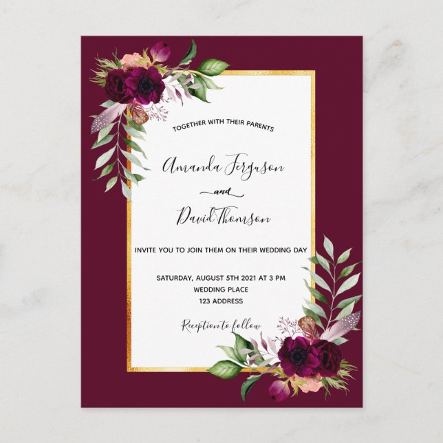 Boho burgundy florals gold wedding invitation postcard (Front)