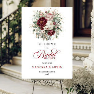 Boho Burgundy Flowers Greenery Gold Welcome Poster