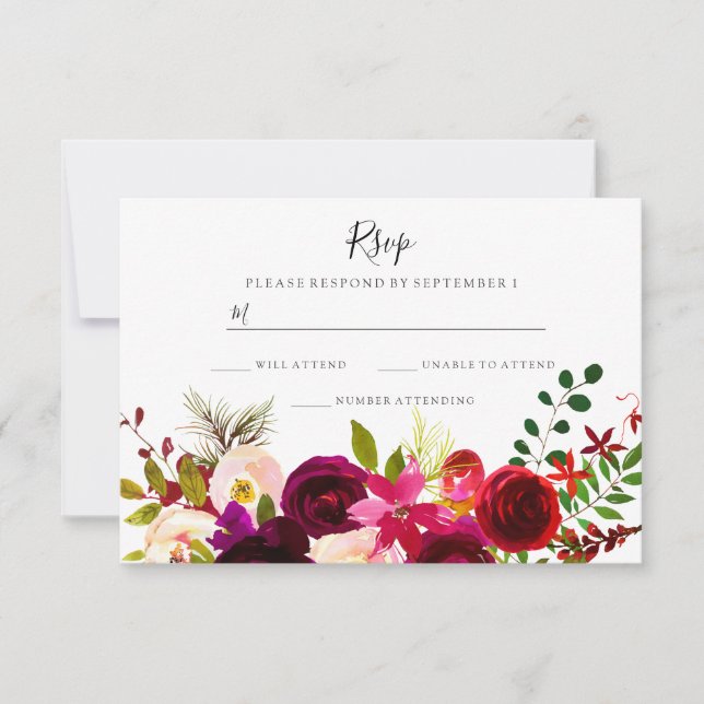 Boho Burgundy Flowers Spring Autumn Wedding RSVP Card (Front)