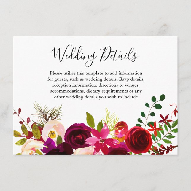 Boho Burgundy Flowers Spring Fall Wedding Details Enclosure Card (Front)