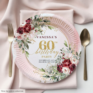 Boho Burgundy Gold Floral Elegant 60th Birthday  Paper Plate