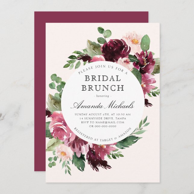 Boho Burgundy Greenery Floral Bridal Brunch Shower Invitation (Front/Back)