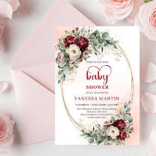 Boho Burgundy Greenery Gold Baby Shower Invite