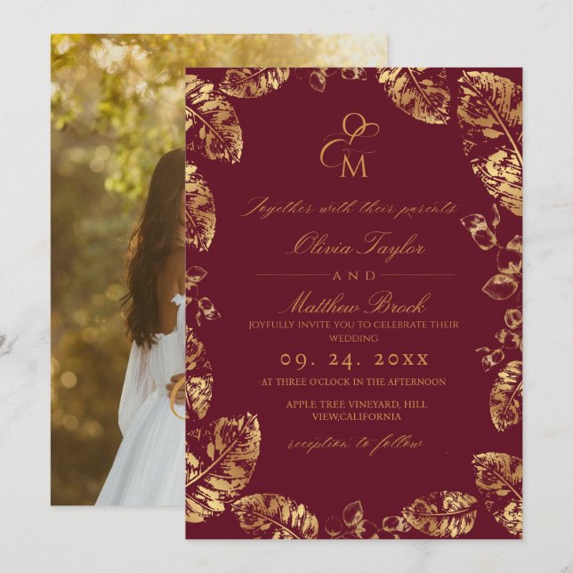 Boho Burgundy Leaf | Elegant Fall Wedding Invitation (Front/Back)
