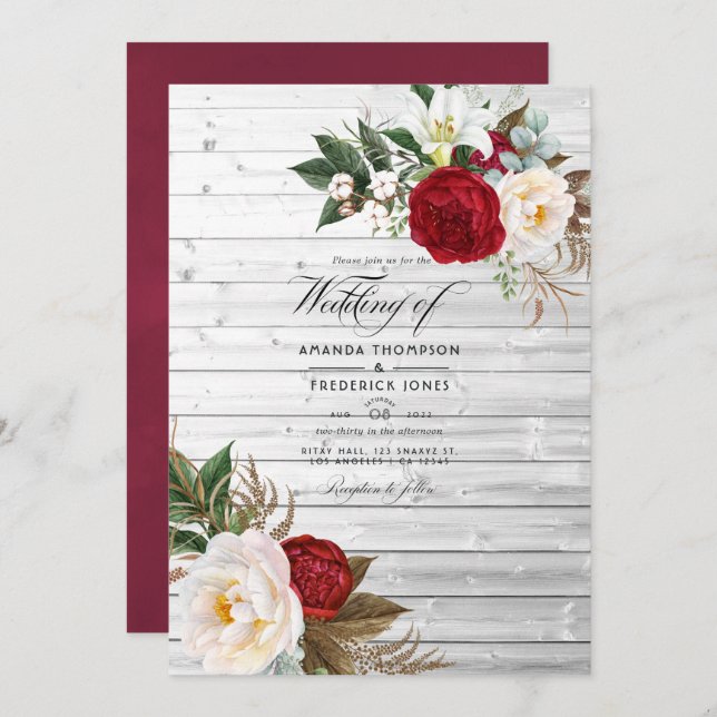 Boho Burgundy - Marsala Floral Bohemian Wedding Invitation (Front/Back)