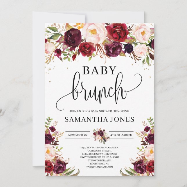 Boho burgundy marsala floral gold baby brunch invitation (Front)