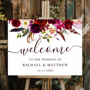 Boho Burgundy Marsala Floral Mariage Affiche de bi