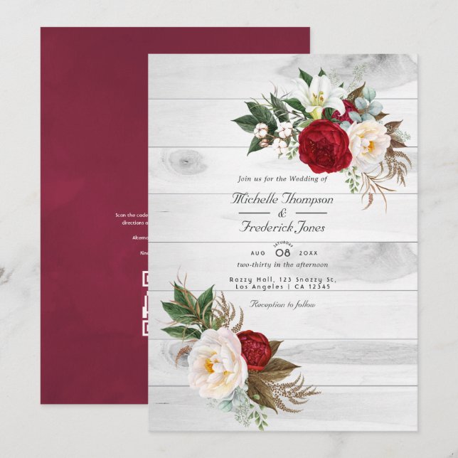 Boho Burgundy/Marsala Floral QR Code RSVP Wedding Invitation (Front/Back)