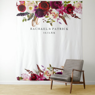 Boho Burgundy Marsala Floral Wedding Backdrop Tapestry