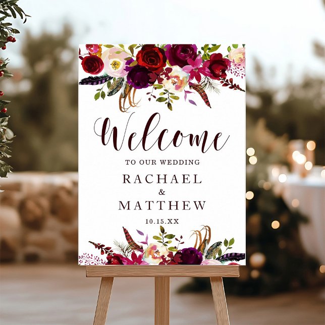 Boho Burgundy Marsala Floral Welcome Wedding Sign (Creator Uploaded)