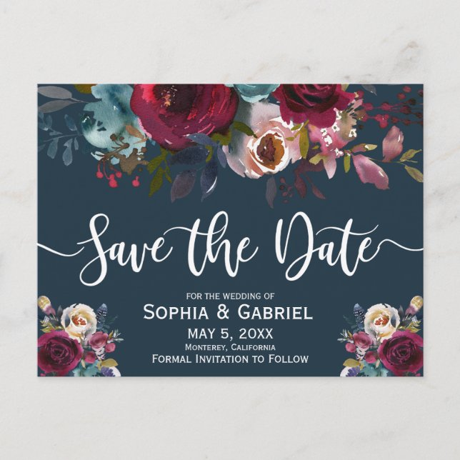 Boho Burgundy Marsala Navy Floral Save the Date Announcement Postcard (Front)