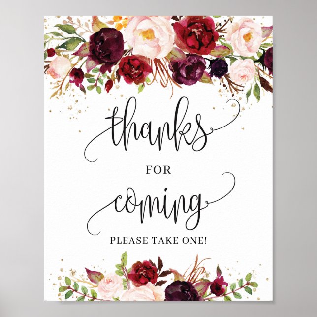 Boho burgundy marsala thanks for coming sign (Front)
