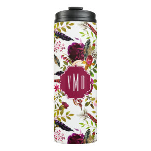 Boho Burgundy Marsala Watercolor Floral monogram Thermal Tumbler