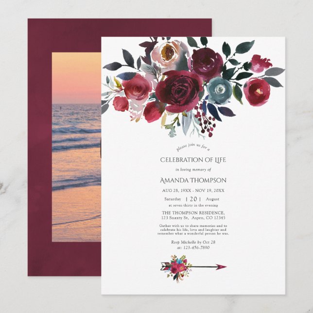 Boho Burgundy & Navy Floral Celebration of Life Invitation (Front/Back)