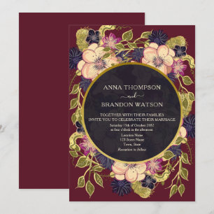 Boho Burgundy Navy Floral Wedding Invite