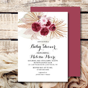 Boho Burgundy Pampas Grass Baby Shower Invitation