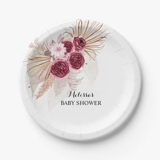 Boho Burgundy Pampas Grass Custom dessert Paper Plate (Front)