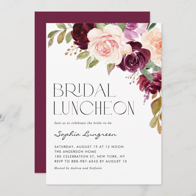 Boho Burgundy Peach Flowers Fall Bridal Luncheon Invitation (Front/Back)