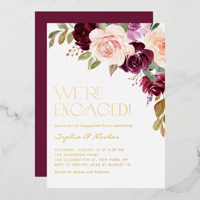 Boho Burgundy Peach Flowers Fall Engagement Party (Front/Back)