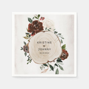 Boho Burgundy Pink Rose Floral Wood Slice Wedding Napkin