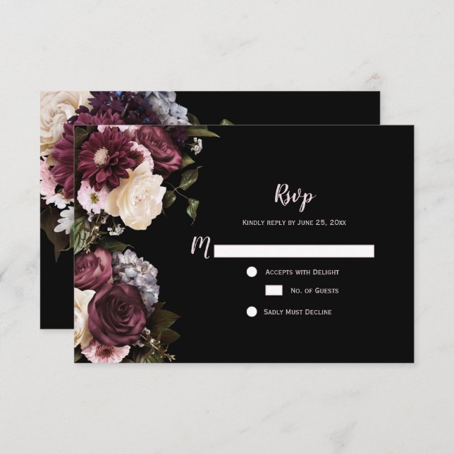 Boho Burgundy Pink White Floral RSVP | (Front/Back)