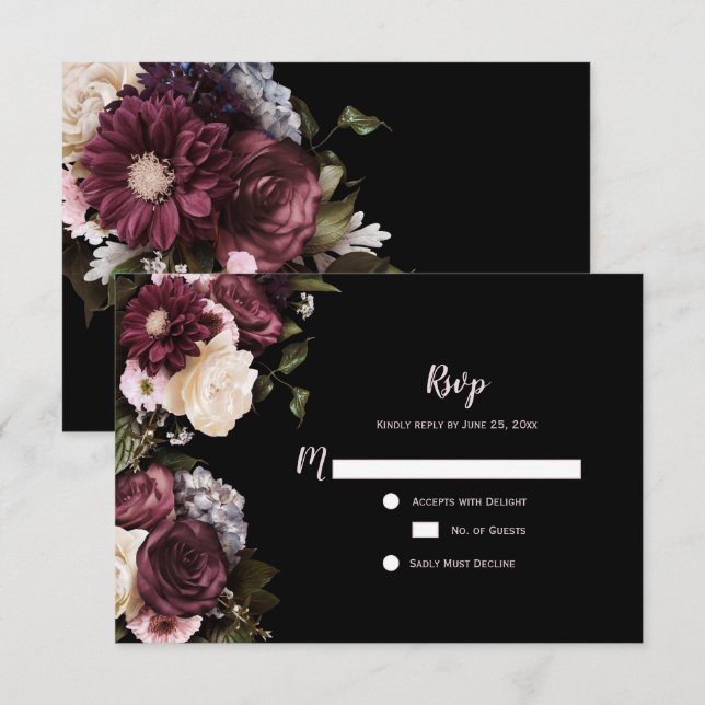 Boho Burgundy Pink White Floral RSVP | Card (Front/Back)