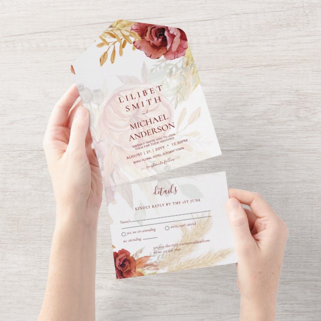 BOHO Burgundy Rose Pampas Grass Wedding All In One Invitation (Tearaway)