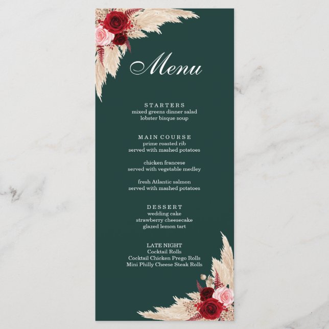 Boho Burgundy Roses and Pampas Grass Menu (Front)