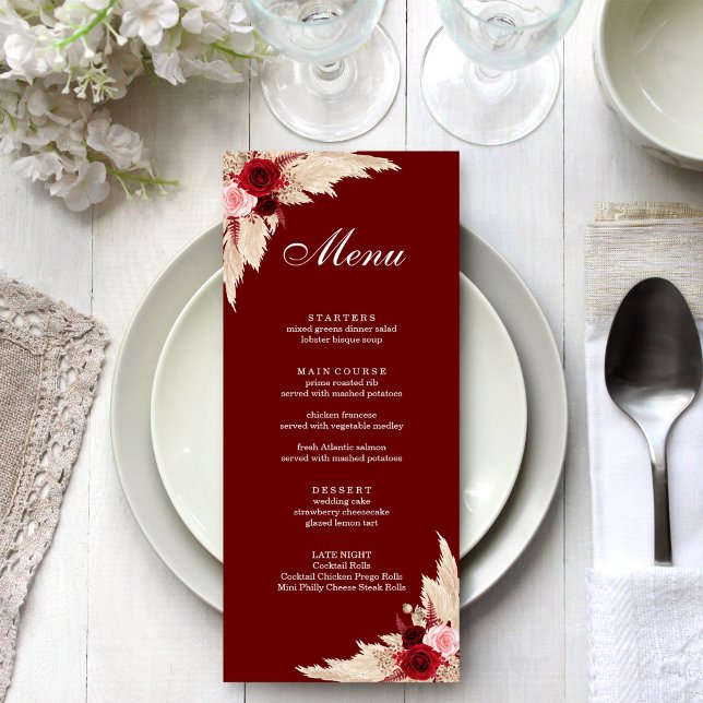 Boho Burgundy Roses and Pampas Grass Menu (Boho Burgundy Roses and Pampas Grass Menu on a boho white wedding dinner table)