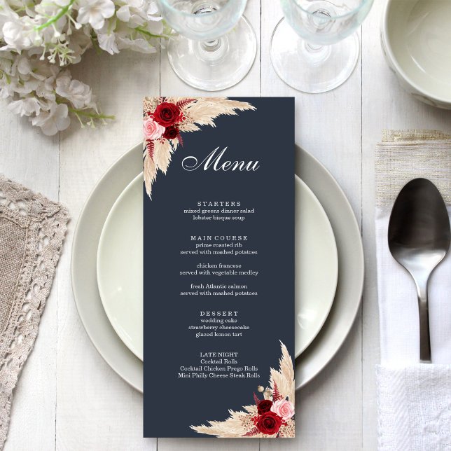 Boho Burgundy Roses and Pampas Grass Menu (Boho Burgundy Roses and Pampas Grass Menu on a boho white wedding dinner table.)