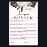 Boho Burgundy Roses fall Bridal Shower Game Flyer<br><div class="desc">Who knows the Bride best Bridal shower game. Fall boho burgundy roses design.</div>