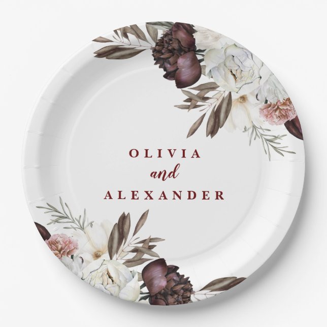 Boho Burgundy Roses fall floral wedding Label Paper Plate (Front)