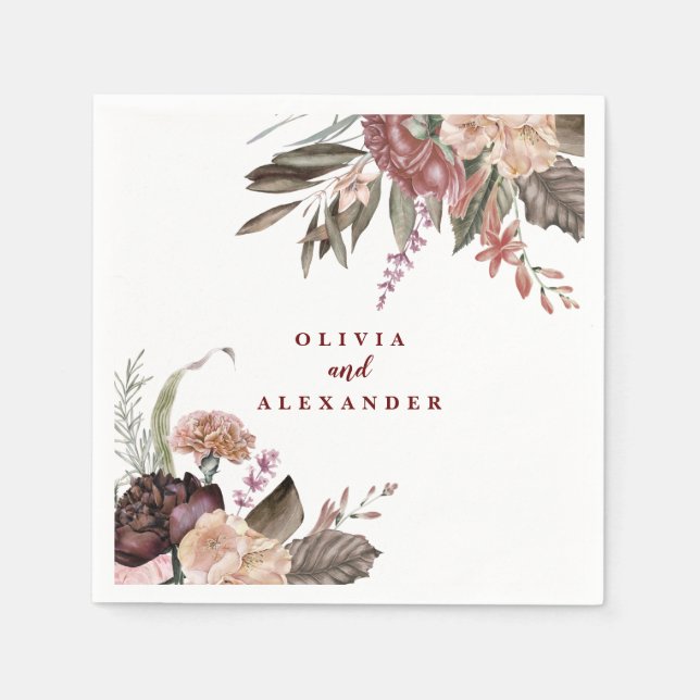 Boho Burgundy Roses fall floral wedding Napkin (Front)