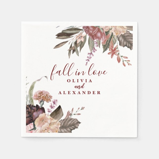 Boho Burgundy Roses fall in love floral wedding Napkin (Front)