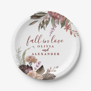 Boho Burgundy Roses fall in love floral wedding Paper Plate