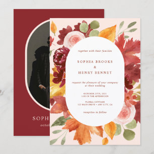 Boho Burgundy Rustic Floral Photo Wedding Invitation