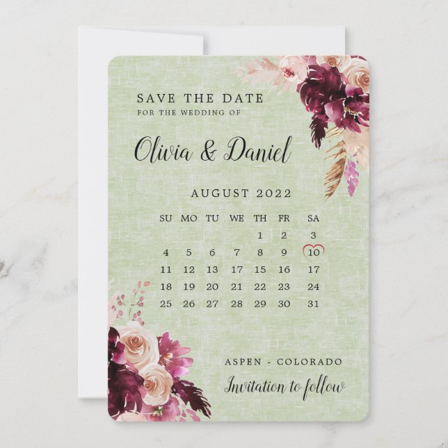 Boho Burgundy Sage Green Calendar Save The Date Invitation (Front)