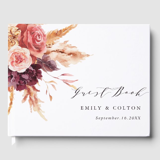 Boho Burgundy Terracotta Floral Wedding Guest Book (Front)