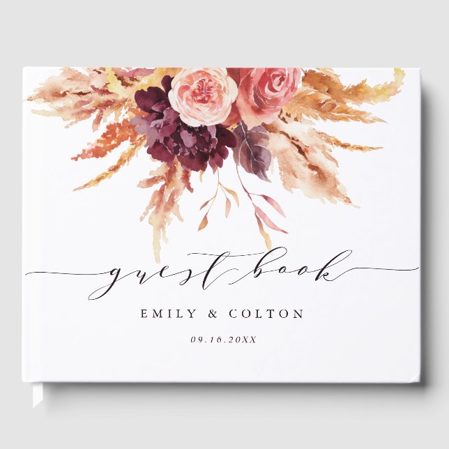 Boho Burgundy Terracotta Floral Wedding Guest Book (Front)