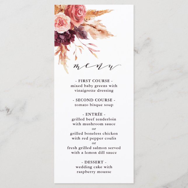Boho Burgundy Terracotta Floral Wedding  Menu (Front)