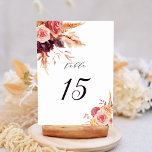 Boho Burgundy Terracotta Floral Wedding Table Number<br><div class="desc">This wedding table number features hand-painted rustic watercolor flowers in terracotta,  burgundy,  burnt orange,  yellow,  blush with beige and brown pampas grass. For more advanced customization of this design,  please click the "customize further" link. Matching items are also available.</div>